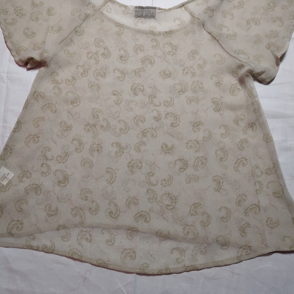 Plum Loco Blouse Women's Size 1 Beige Sheer Top Round Neck Short Sleeve Shirt - Picture 10 of 12